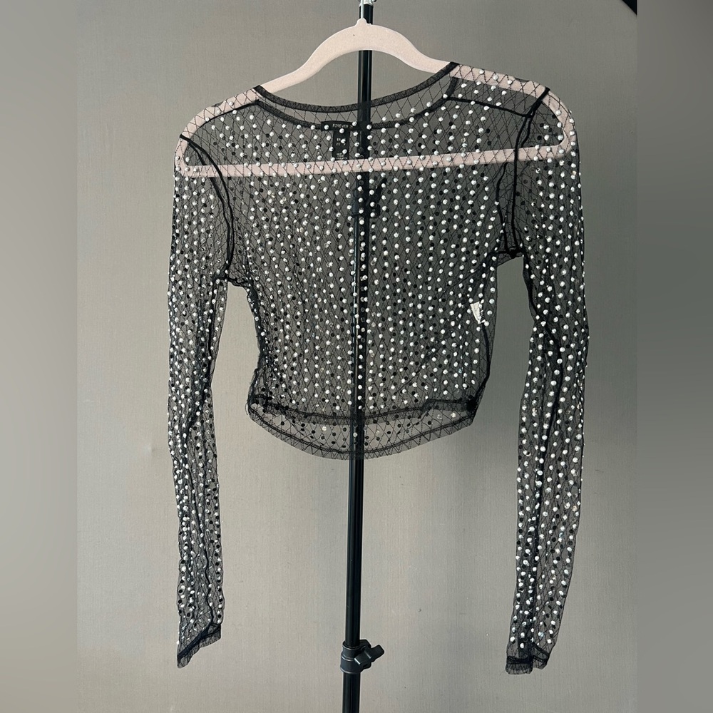 Forever 21 Black and White Embellished Crop Blouse